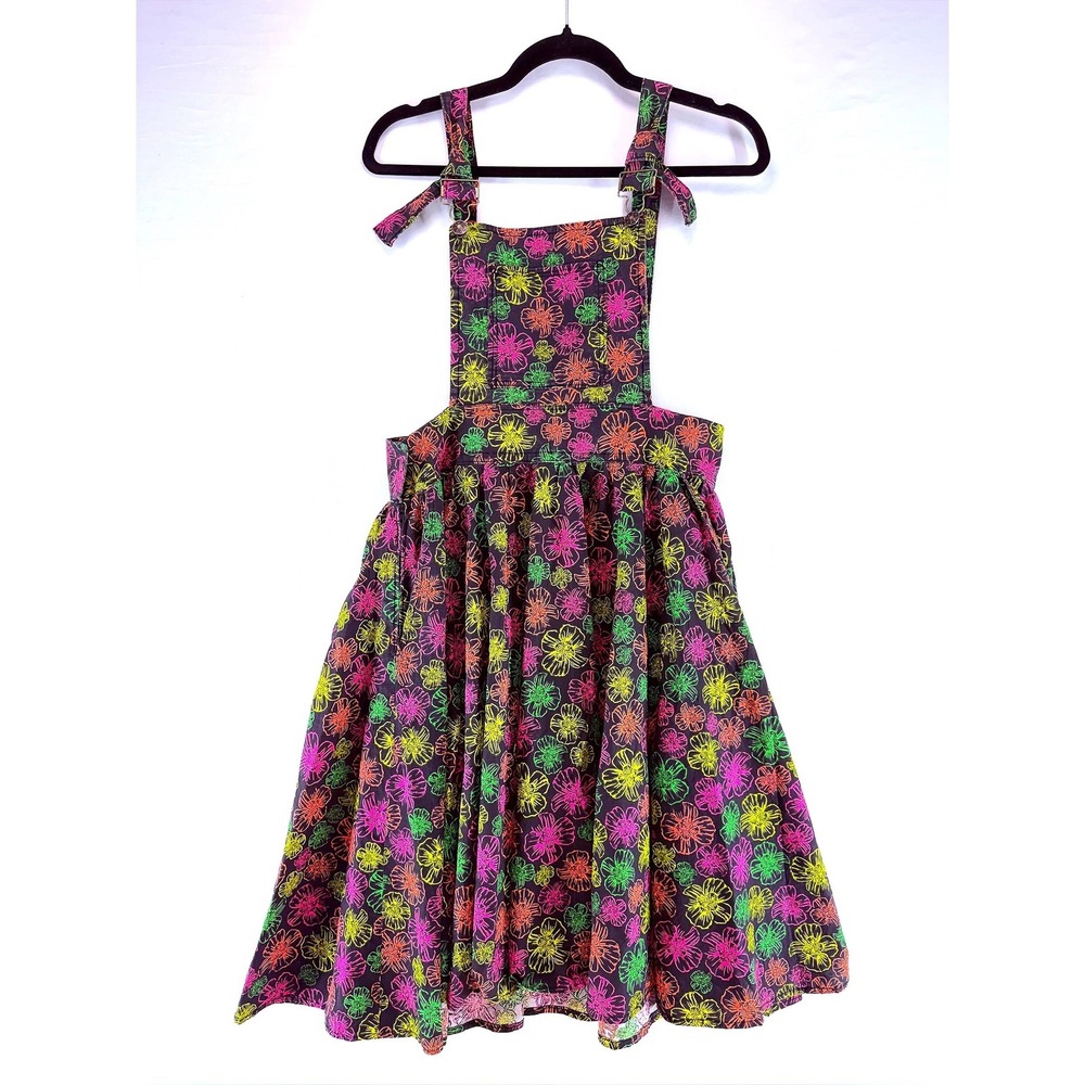 Black Neon Floral Pinafore Overall Dress Dopamine Maximalist Cottagecore Kidcore